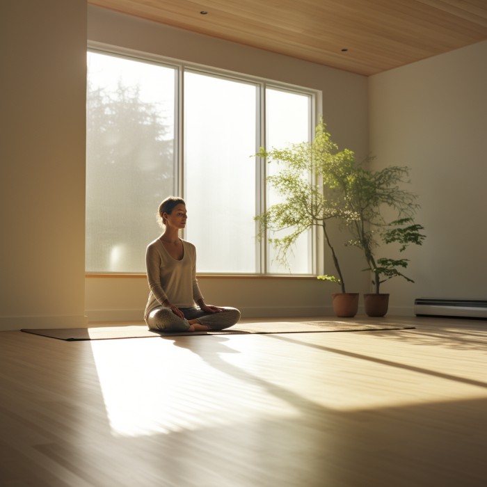 Mulher meditada em uma sala vazia e clara