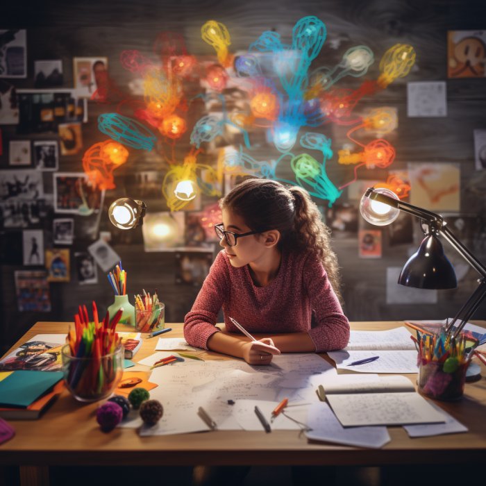 Aluna do 6 ano estudando interpretação de texto numa mesa com elementos coloridos em volta