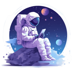 Astronauta sentado, estudando com tablet