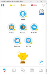 página de lições do duolingo app para estudar idiomas
