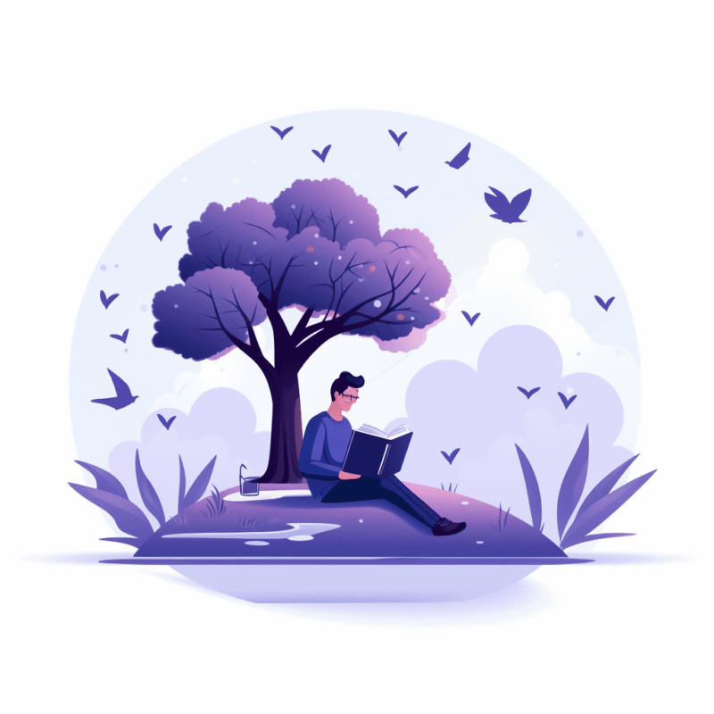 Homem lendo calmamente abaixo de uma árvore