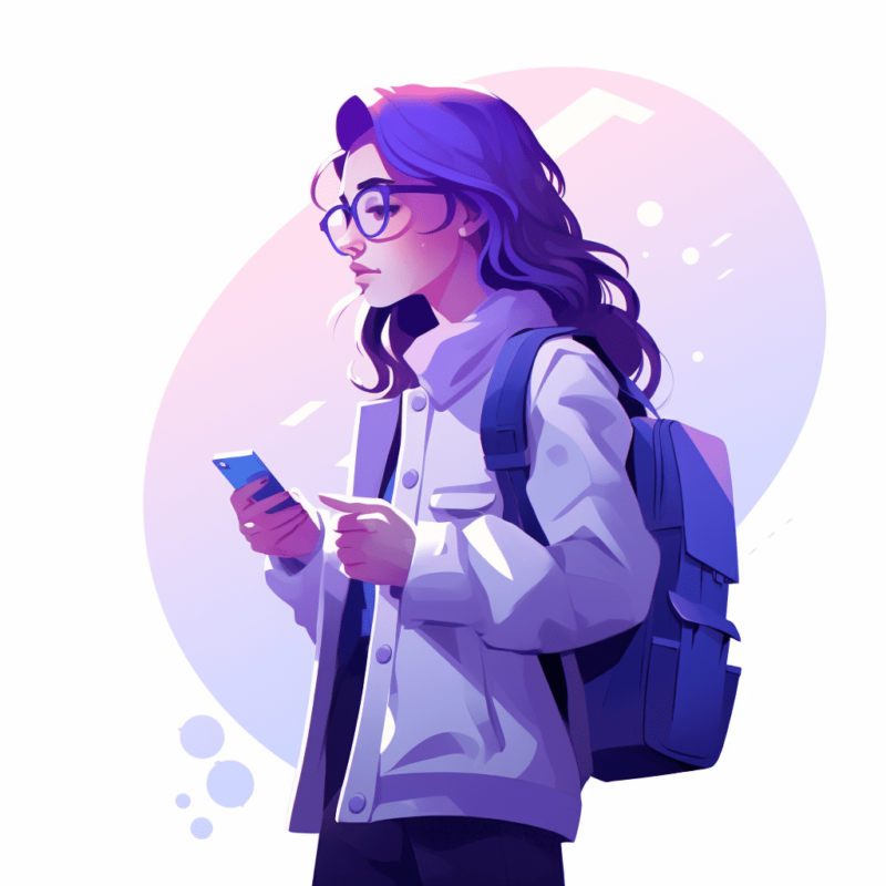 Garota com mochila escolar e mobile nas mãos