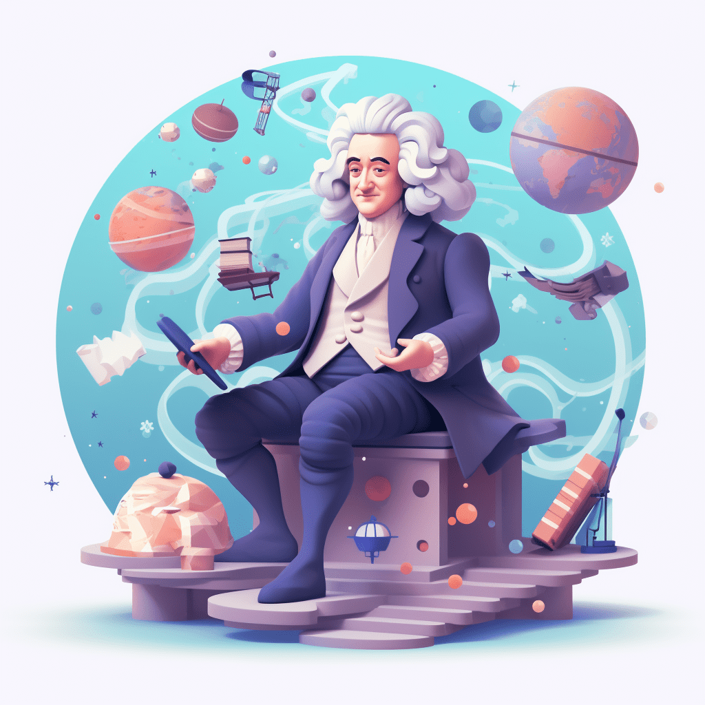 Newton sentado perto de planetas