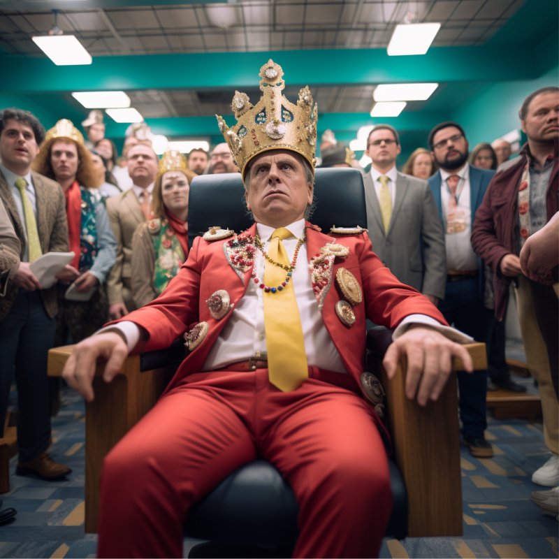 Chefe com coroa de rei sentado próximo aos seus funcionários