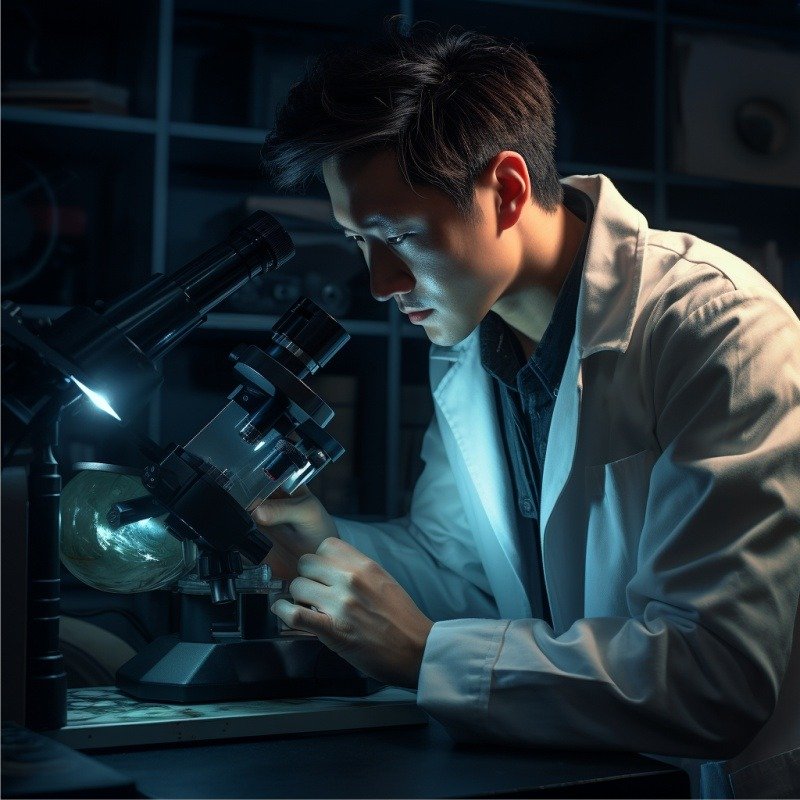 Jovem japonês olhando por um microscópio