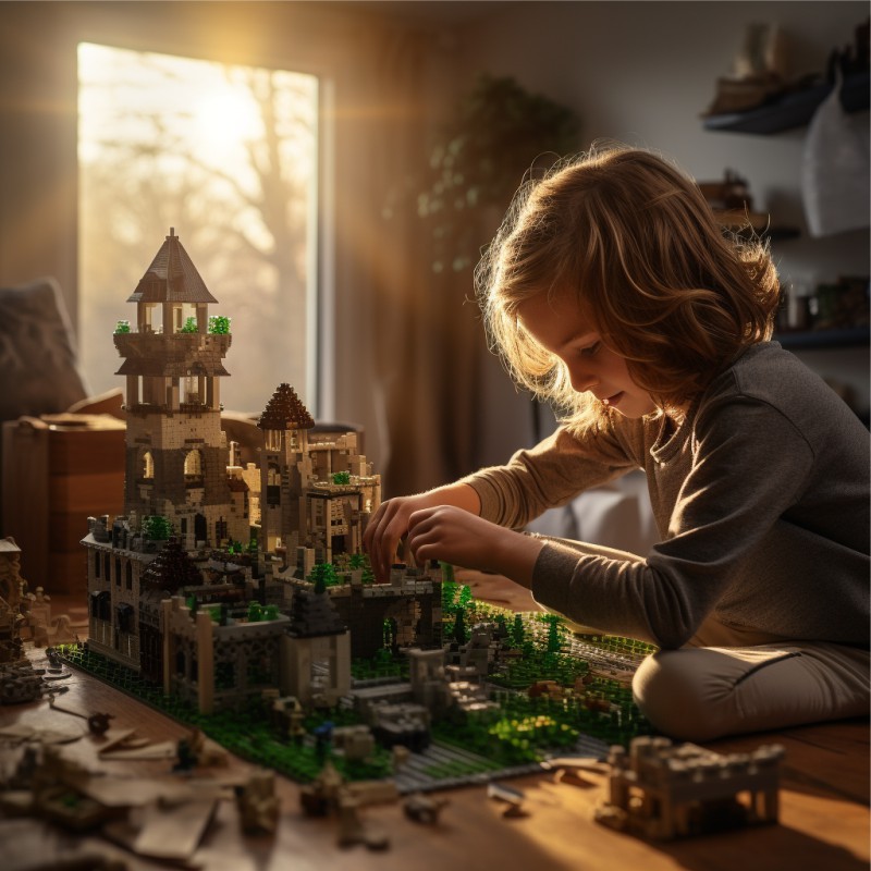 Garota brincando em castelo de Lego, simbolização memorização