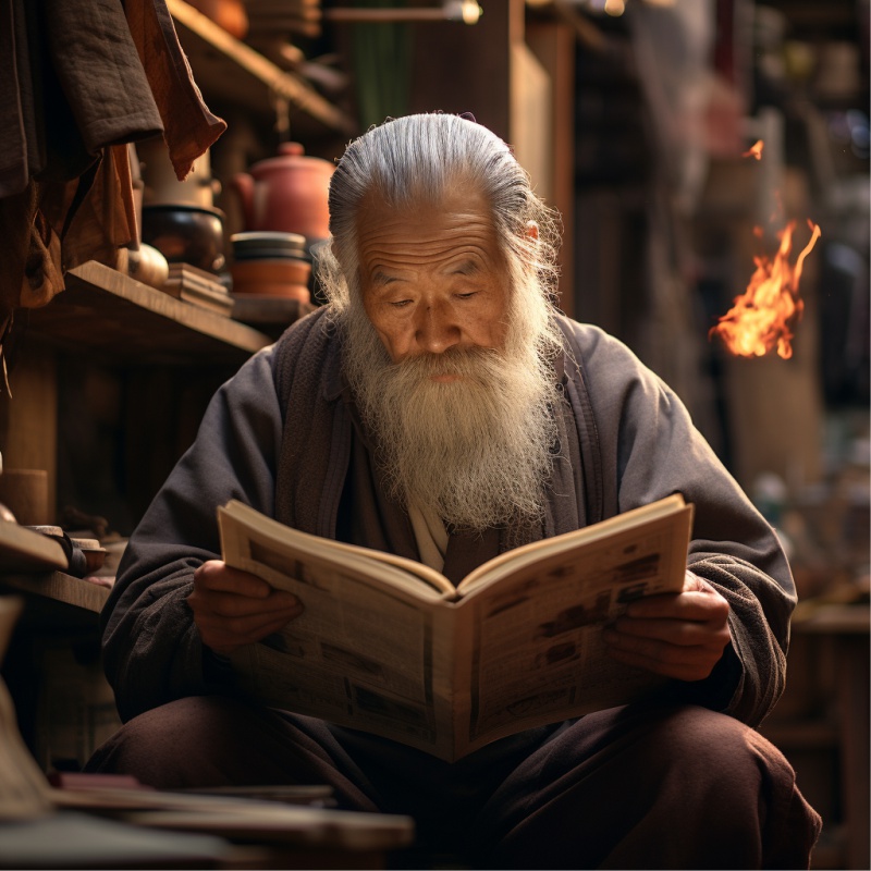 Homem japonês lendo livro