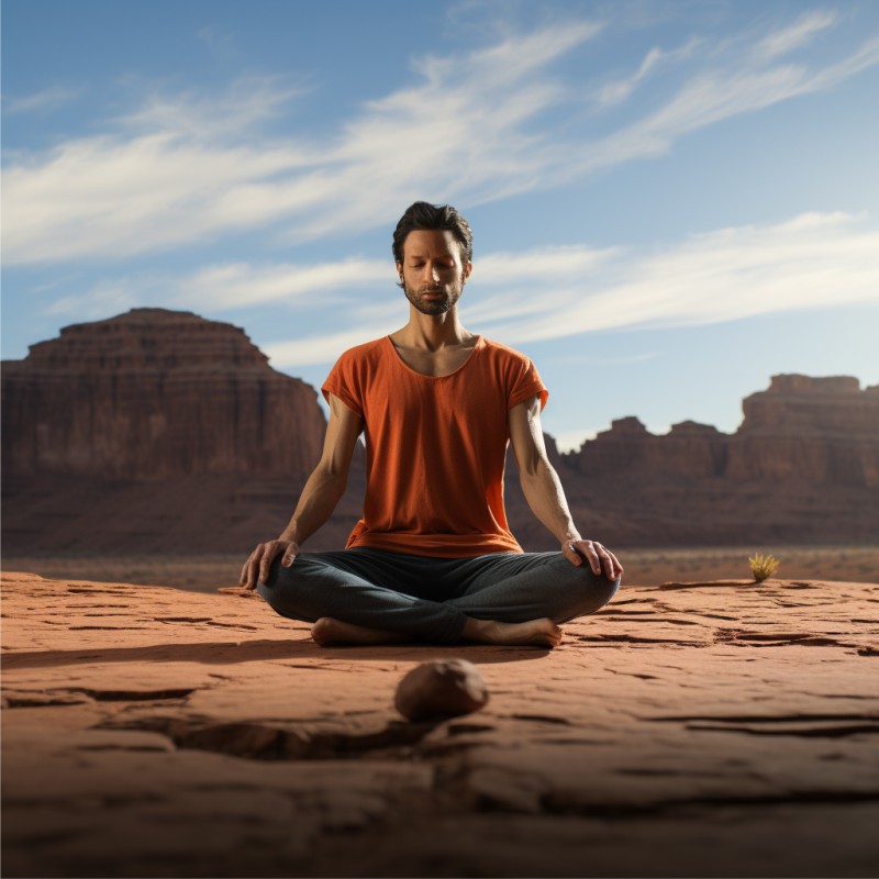 Homem com uma camisa laranja meditando no deserto