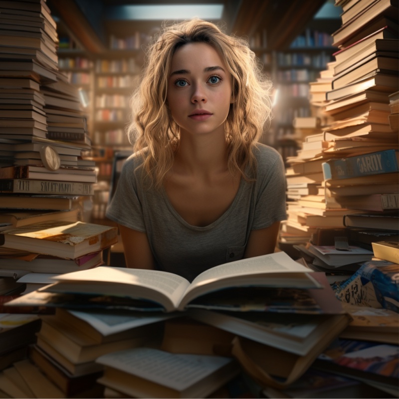 Menina loira envolta de vários livros se preparando para o enem