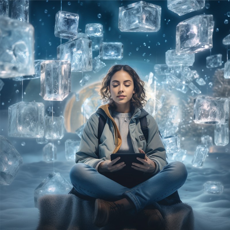 Garota meditando em um bloco de gelo