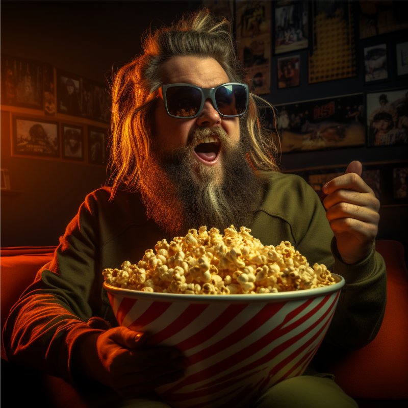 Homem engraçado de óculos comendo pipoca assistindo aos melhores filmes de 2023