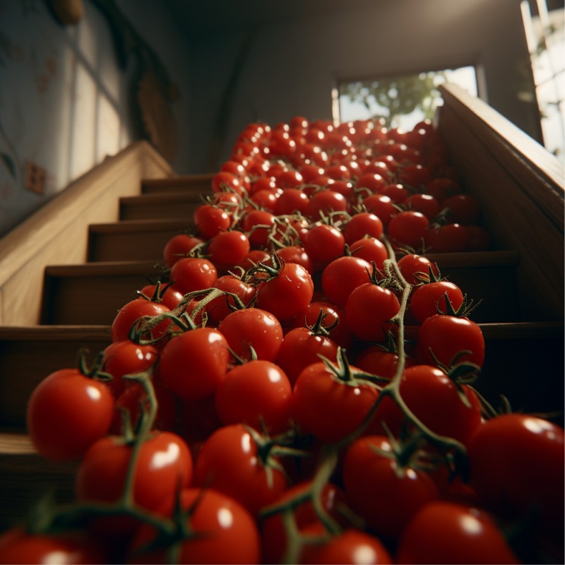 Vários tomates descendo uma escada