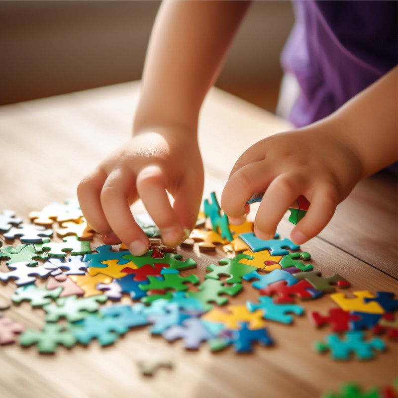 Mãos de criança brincando com quebra-cabeças colorido