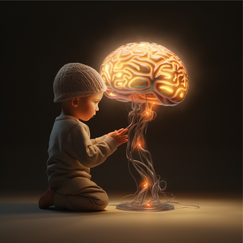 Criança de frente à um cérebro iluminado