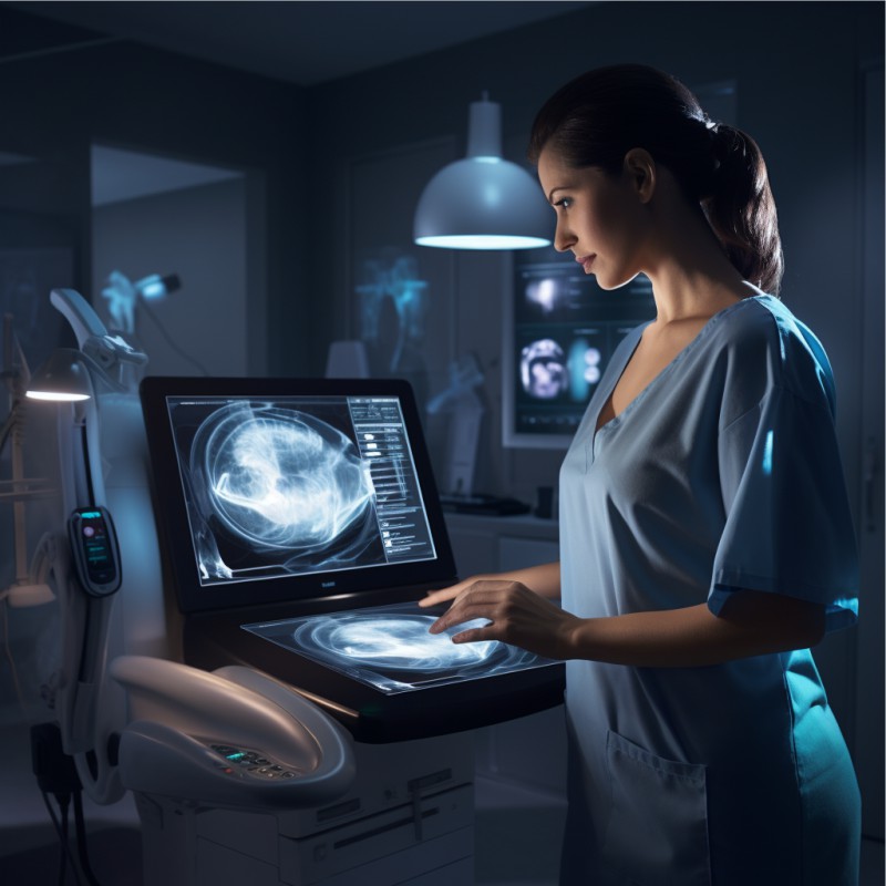 Inteligência Artificial impactando na saúde, com uma médica mexendo em computador