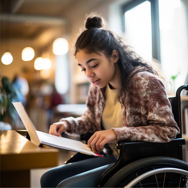 Garota em cadeira de rodas estudando