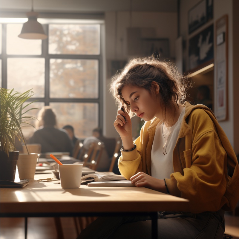 Garota sentada estudando com uma xícara de café em sua frente