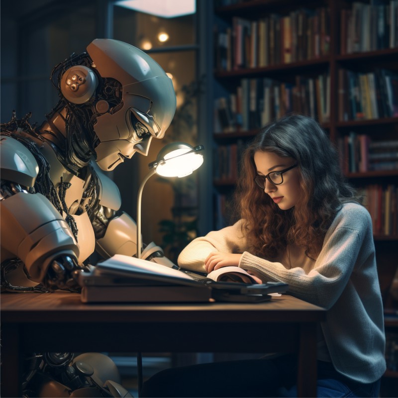 Garota estudando com uma Inteligência Artificial, representando um avanço tecnológico