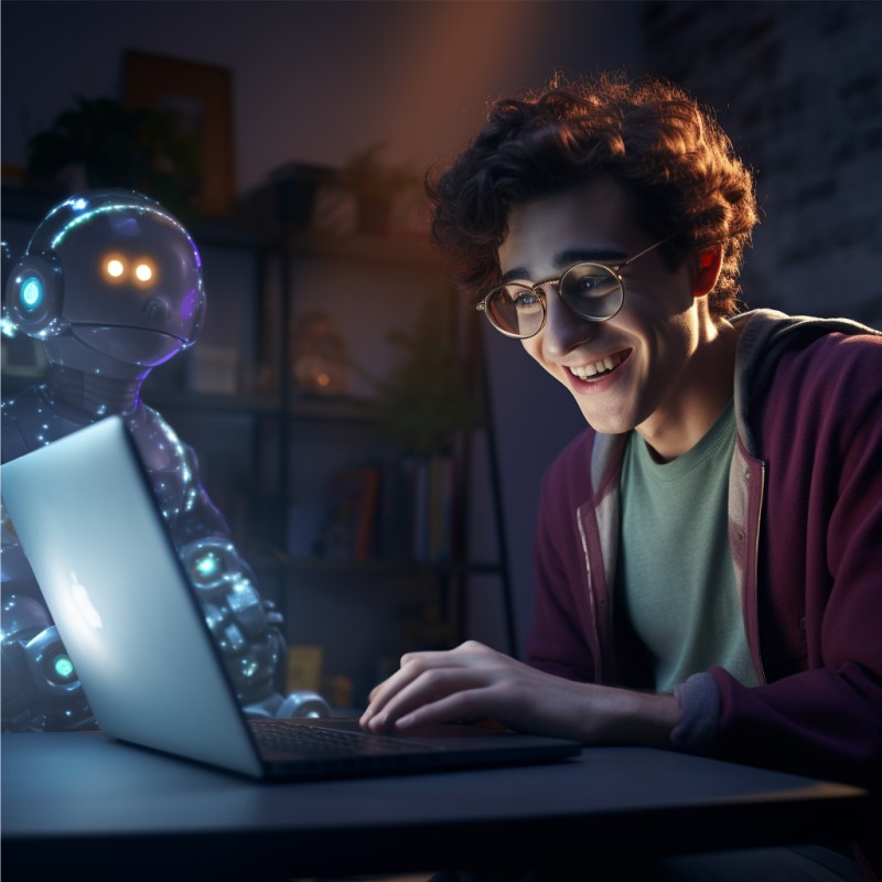 Garoto utilizando Chatbots com Inteligência Artificial, sorrindo, no computador. Uma relação direta entre Chatbots e Educação.