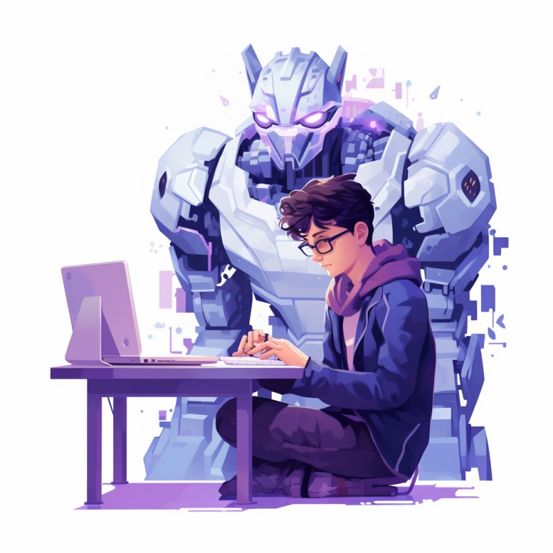 Garoto estudando ao lado de um grande robô