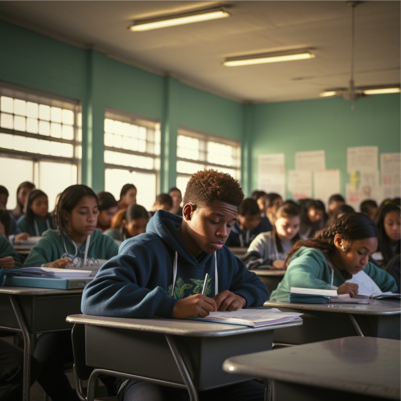 Adolescentes em sala de aula, prestando o enem