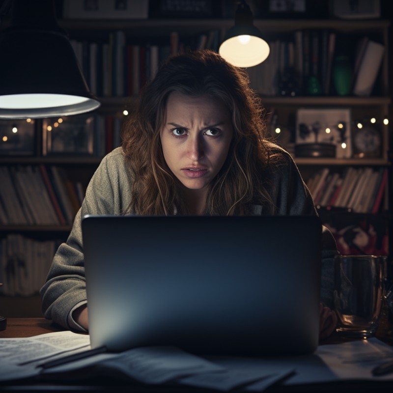 Menina no computador com cara de desconfiada, representando o pensamento crítico