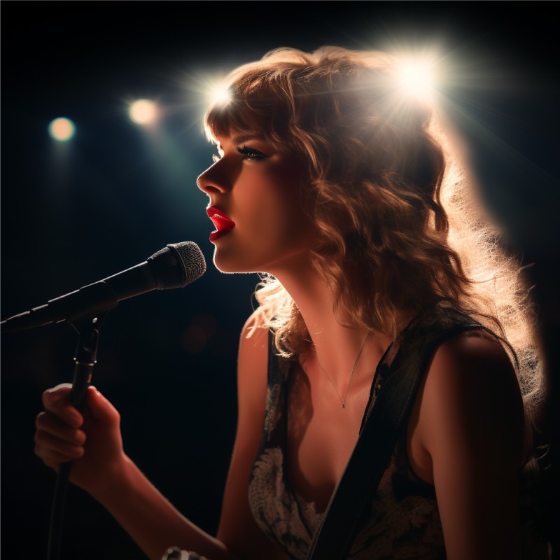 Taylor Swift em show, cantando no microfone