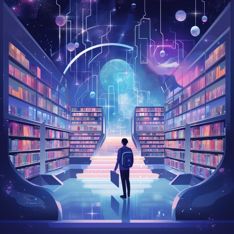 Aluno em uma biblioteca futurista, nas cores azul e roxo