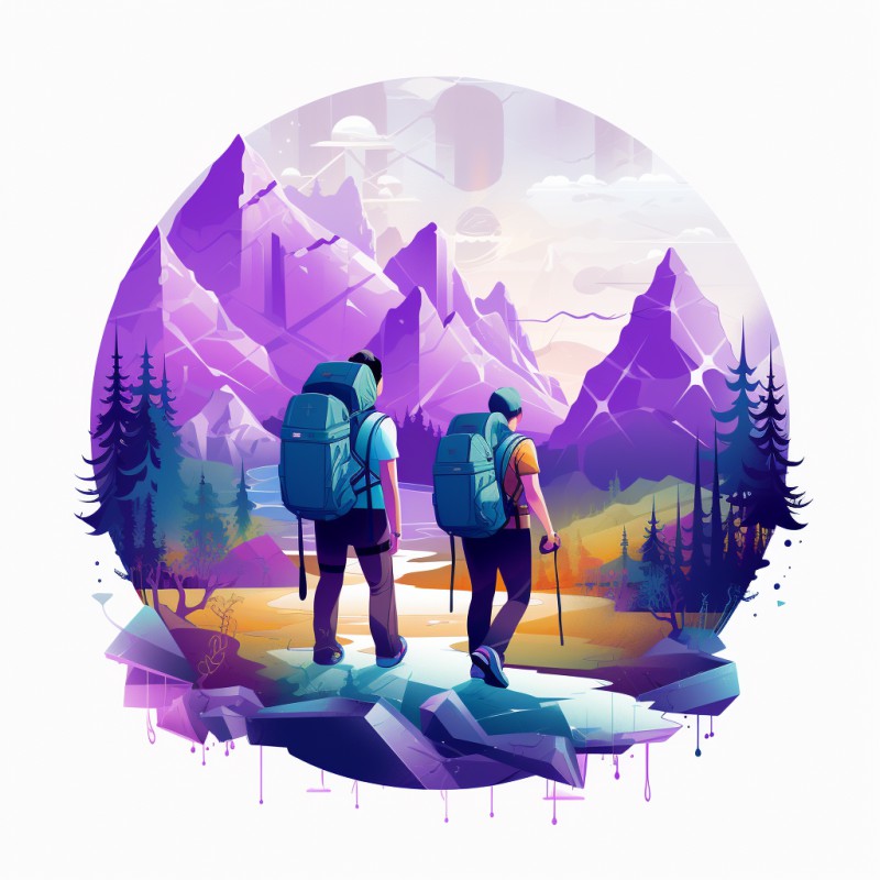 Duas pessoas fazendo trilha, com montanhas ao fundo