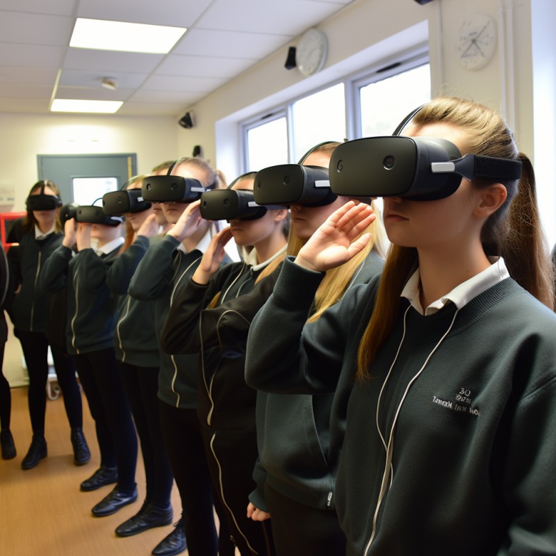 Estudantes garotas utilizando VR headset de realidade virtual e aumentada para um aprendizado imersivo