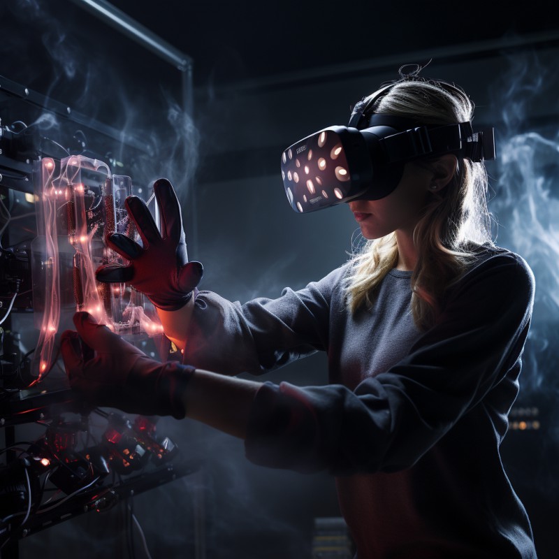 Garota utilizando um óculos de realidade virtual e aumentada