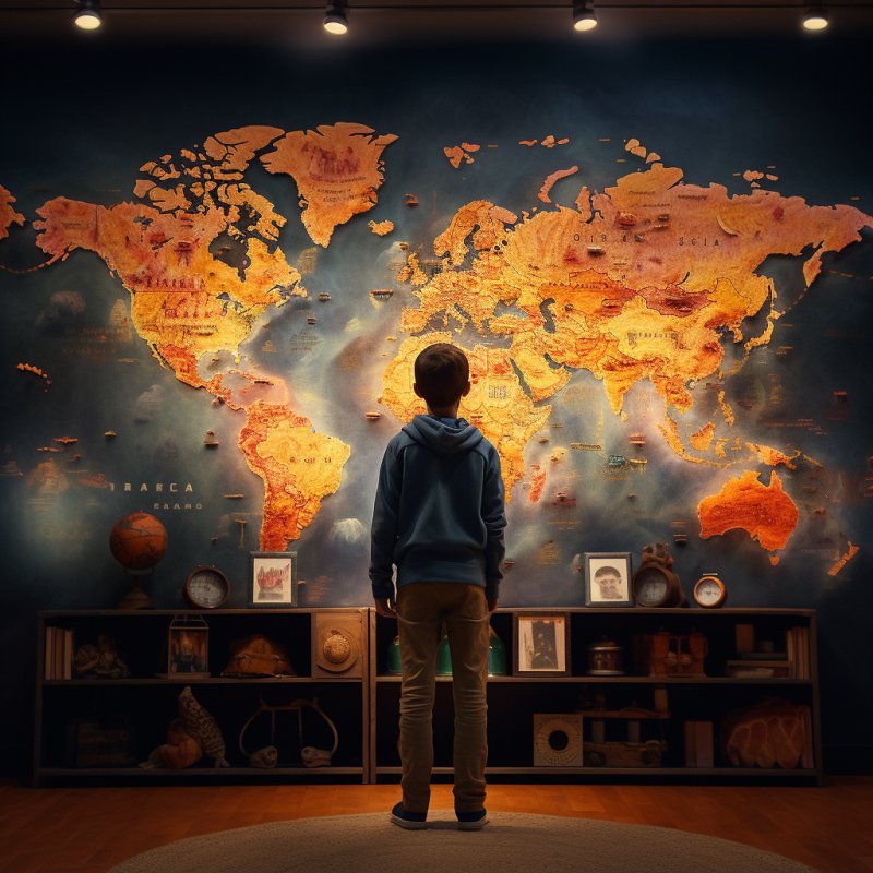 Jovem olhando para o mapa mundo, planejando seu projeto de vida