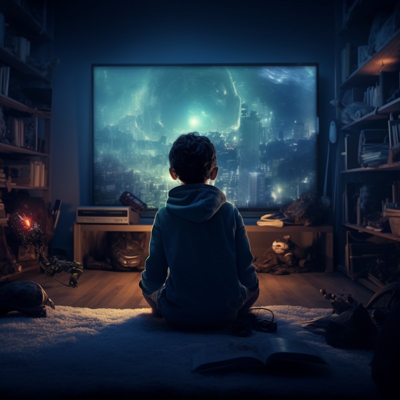 Garoto sentado em frente a uma tv, jogando um jogo eletrônico com a mente