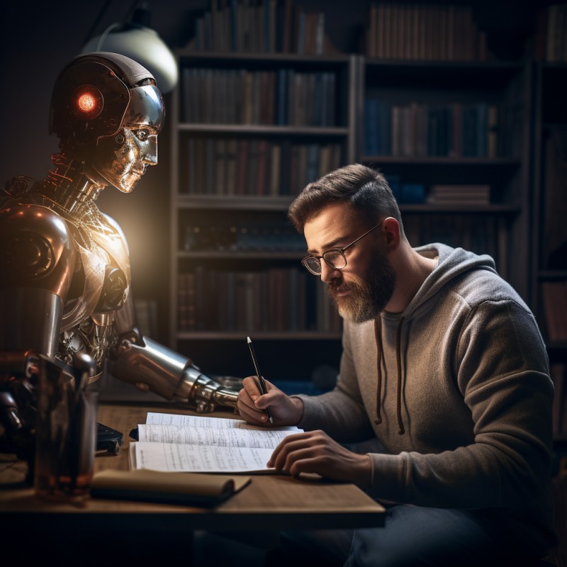 Homem estudando com auxílio de um robô