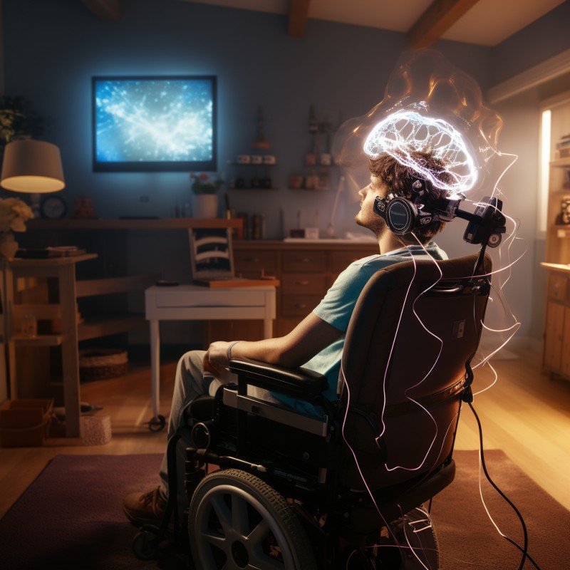 Homem em cadeira de rodas com uma interface cérebro-máquina