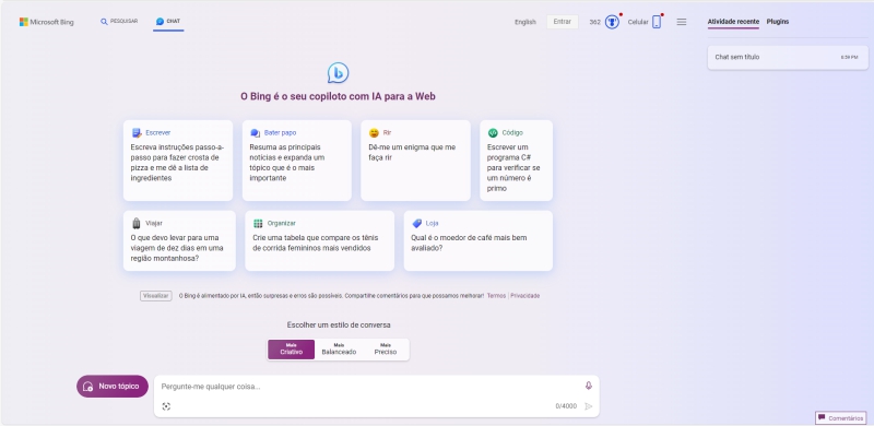 Exemplo de utilização do Bing Chat