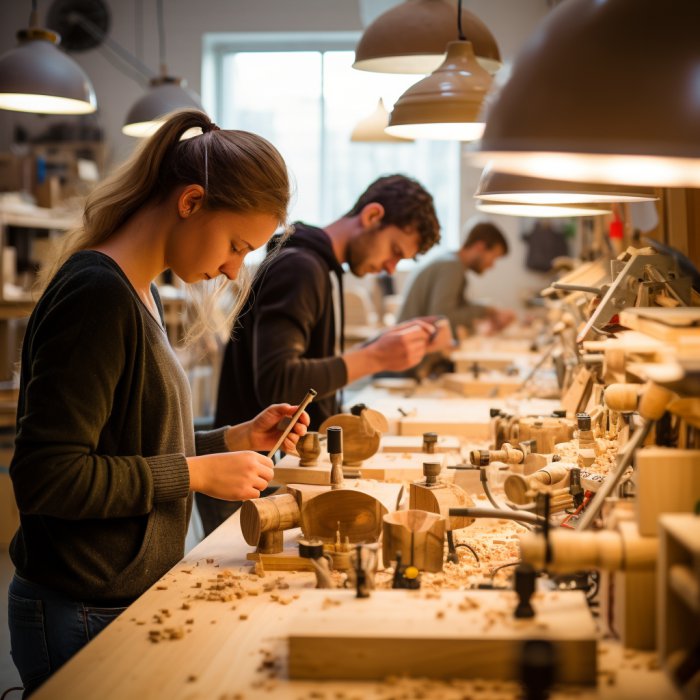 Alunos elaborando objetos de madeira com as próprias mãos no estilo DYI