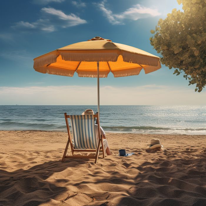 Pessoa descansando na praia debaixo de um guarda-sol amarelo
