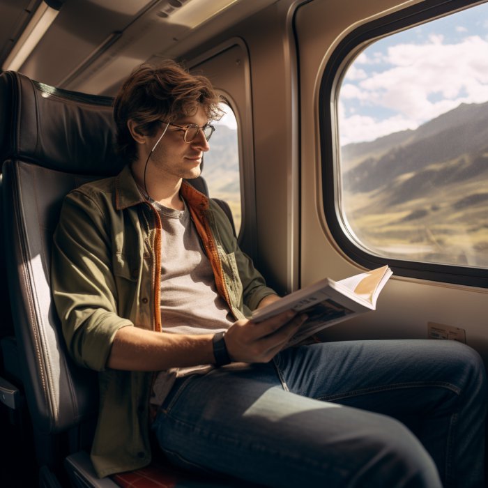 Homem sentado decidindo quais livros para ler nas férias, dentro de um ônibus de viagem