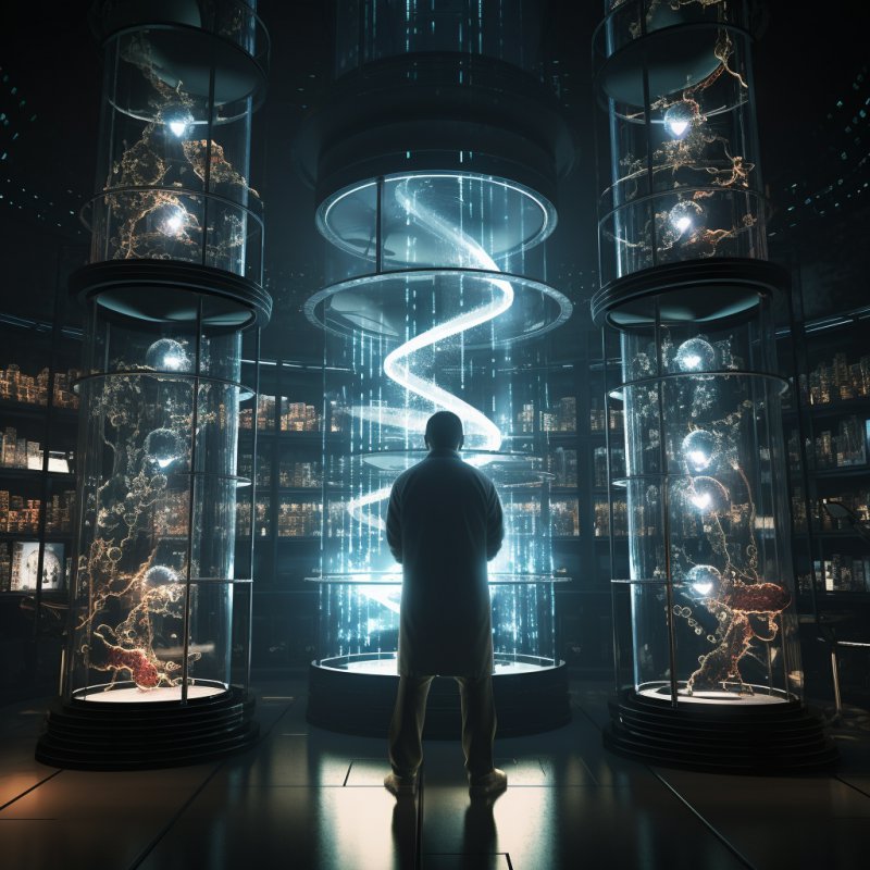 Médico de frente a um grande DNA em um laboratório tecnológico