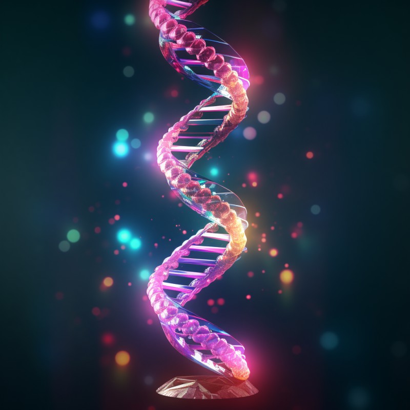 Hélices de DNA nas cores rosa, roxo e azul