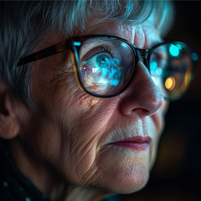 Mulher fazendo EJA online com reflexo de uma tela em seu óculos