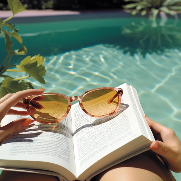 Pessoa lendo na frente de uma piscina, com um óculos em cima do livro