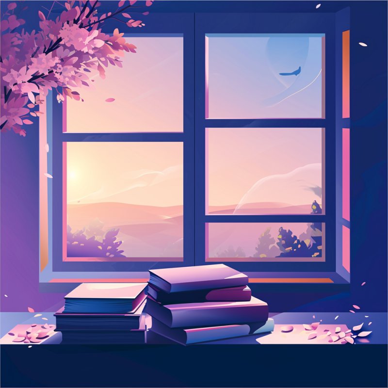 Uma janela e livros. Paisagem de dia em ambiente tranquilo