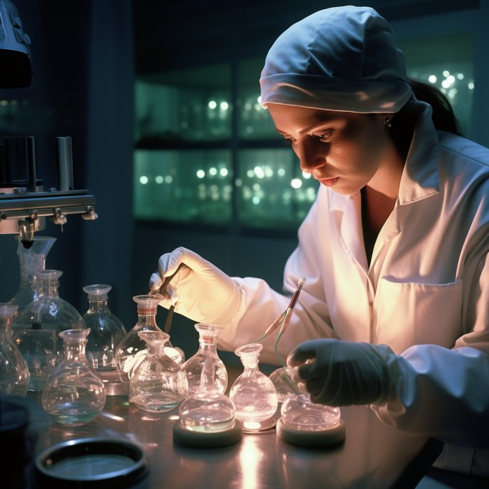 Cientista mulher trabalhando em laboratório com produtos cosméticos veganos