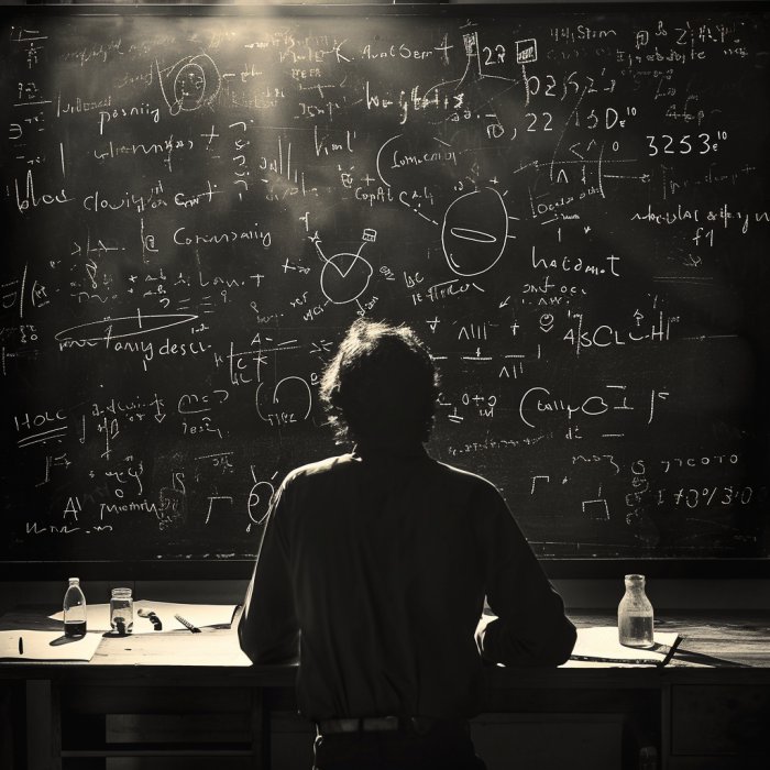 Professor olhando no quadro negro cálculos e hipóteses em uma das etapas do método científico
