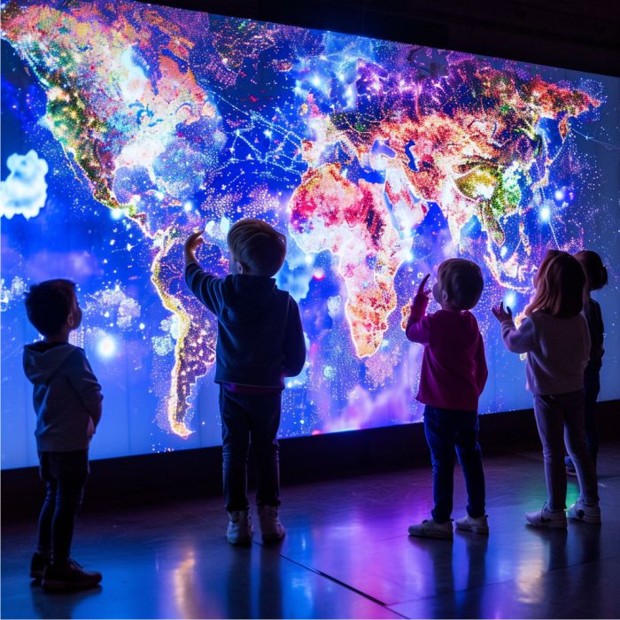 Várias crianças em frente a um painel colorido com o mapa mundial