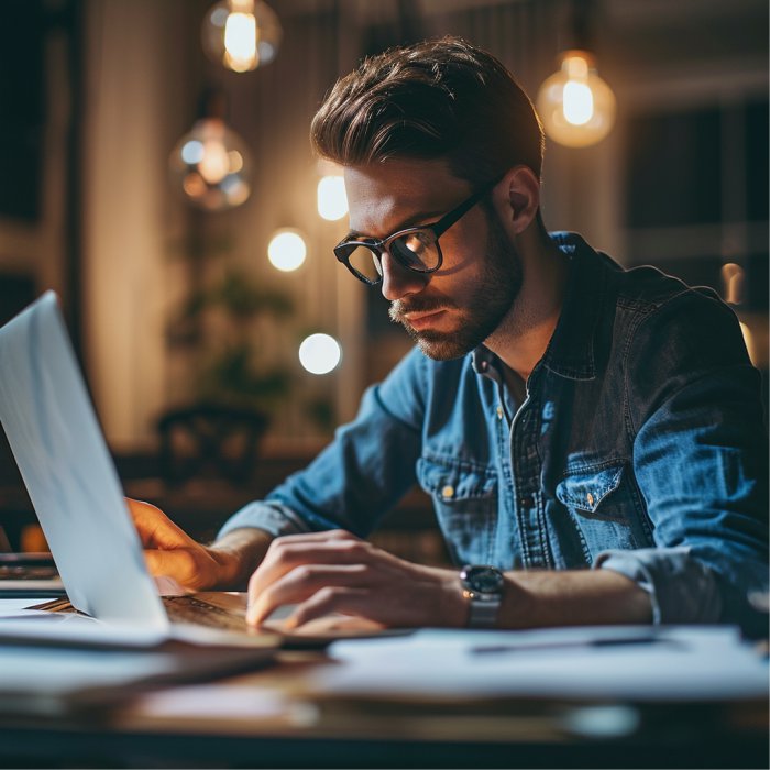 Homem estudando no computador o que falar em uma entrevista de emprego