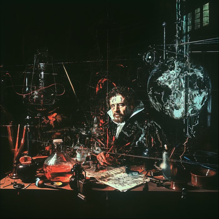 Ilustração de Francis Bacon e vários elementos científicos