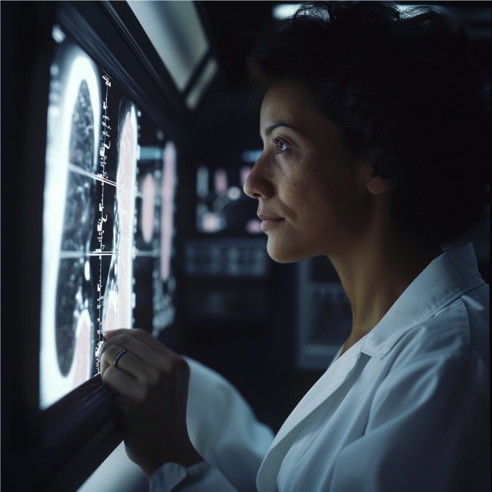 Médica analisando imagens de raio-x para diagnosticar paciente